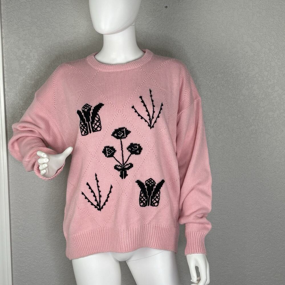 Vintage 80s Graphic Sweater Floral Cottage Coquette Soft Goth Pink Black Size XL